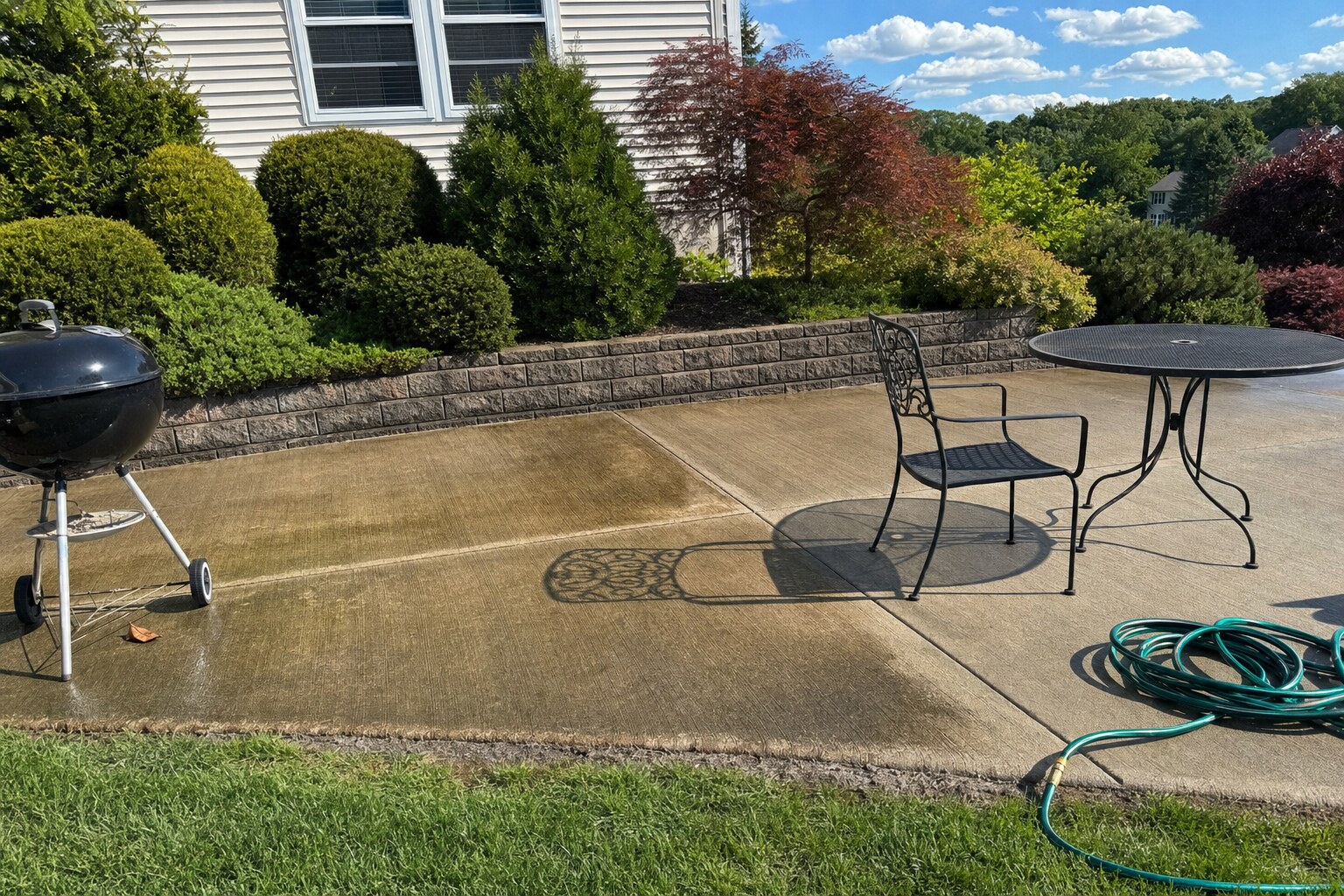 Rectangular back patio concrete, freshly pressure-washed, with patio furniture and grill