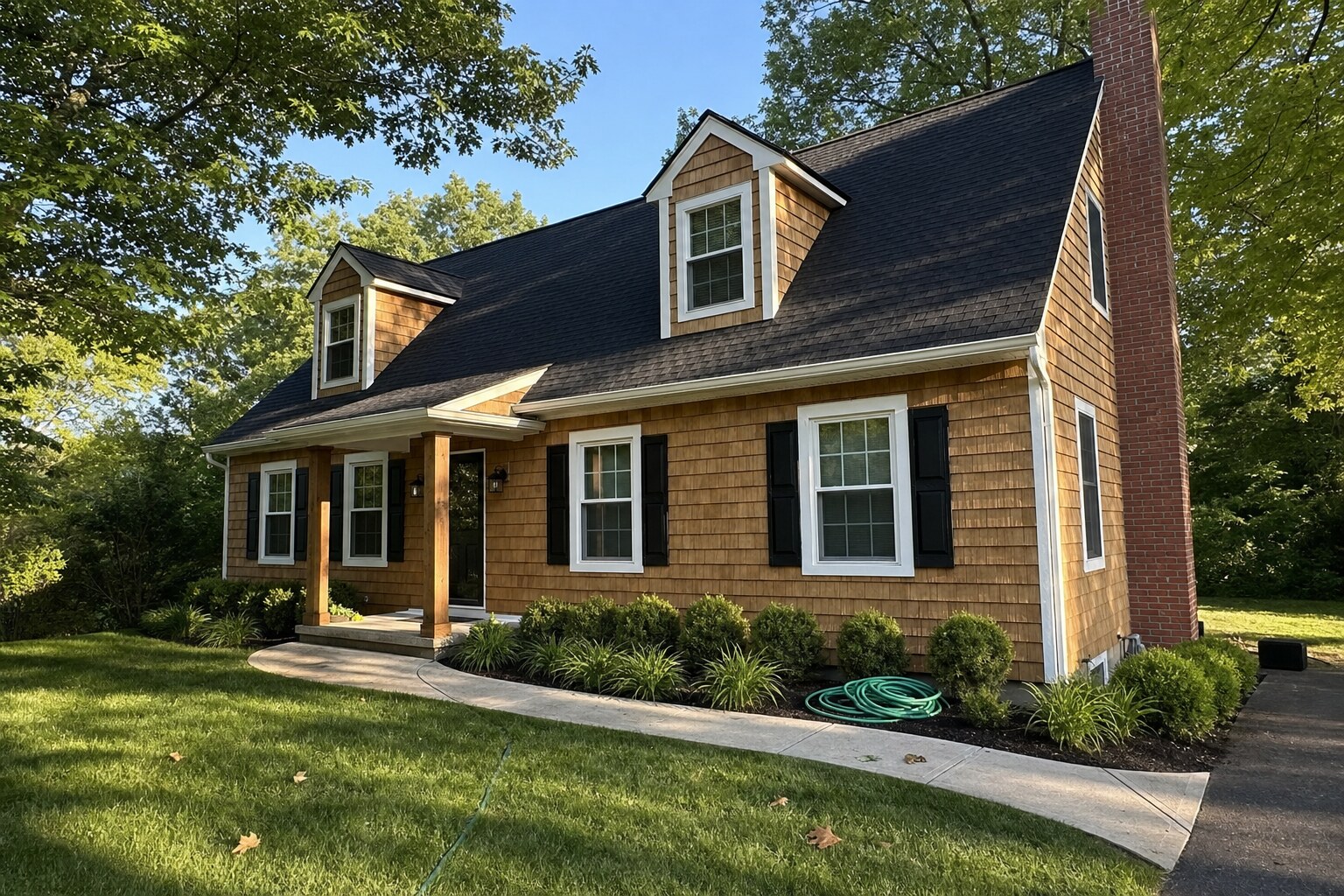 Cape Cod-style home with full cedar-shake siding, freshly soft-washed