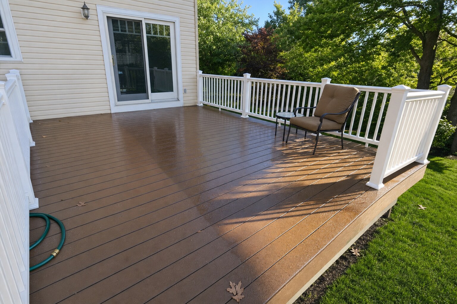 Saddle-brown composite Trex-style deck with white vinyl railing, freshly soft-washed