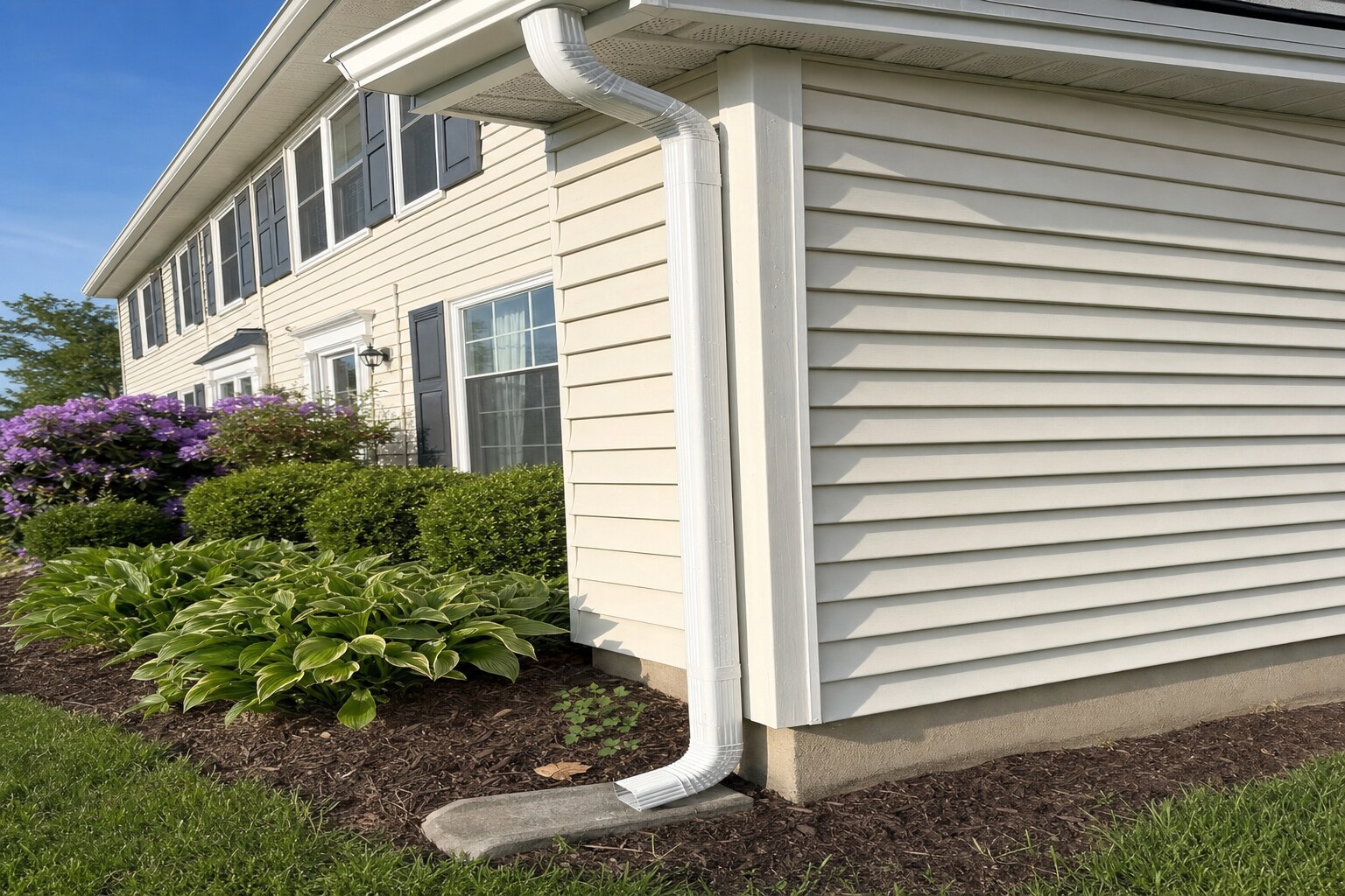 Freshly brightened white aluminum downspout running down the corner of a cream-vinyl home