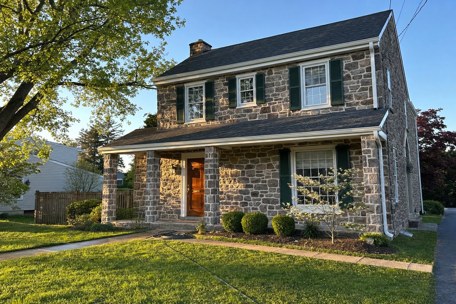 Two-story home with full fieldstone facade, freshly soft-washed in golden-hour light