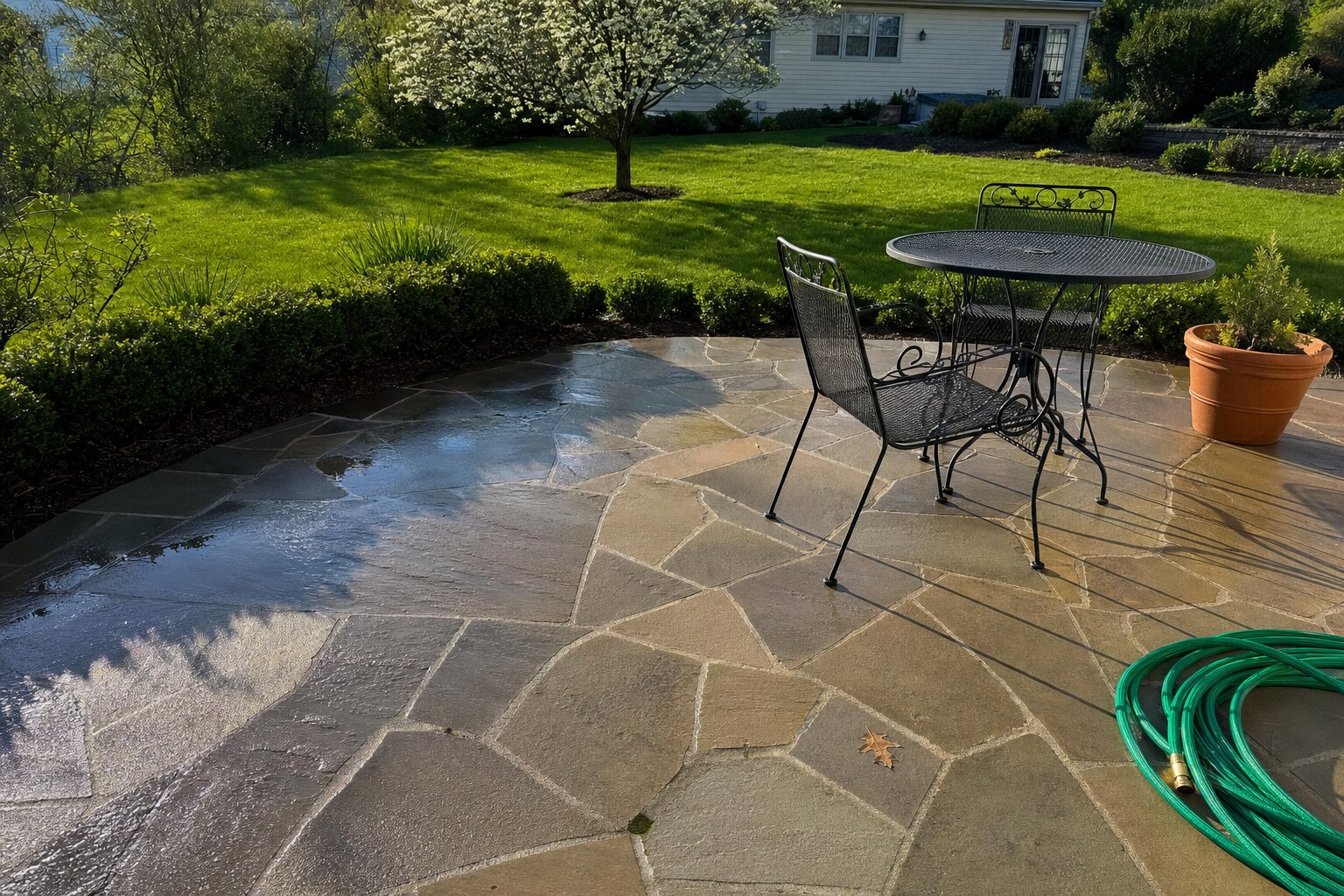 Natural-flagstone patio with wrought-iron bistro set, freshly soft-washed