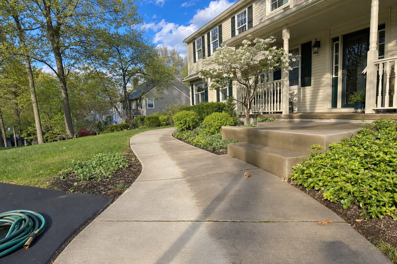 Curved concrete walkway leading to a covered front porch, freshly pressure-washed