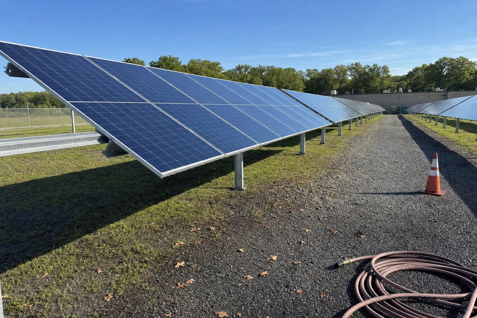 Large commercial ground-mount solar array (small solar farm) freshly pure-water cleaned