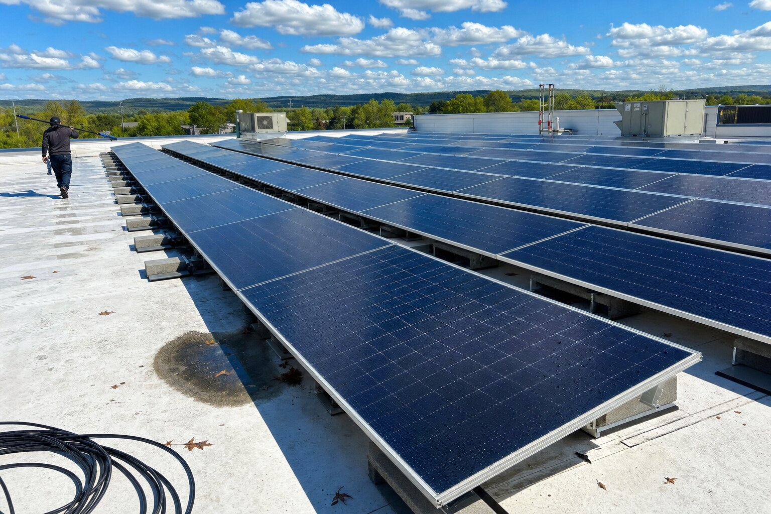 Large commercial rooftop solar array on a low-slope TPO membrane roof, freshly pure-water cleaned
