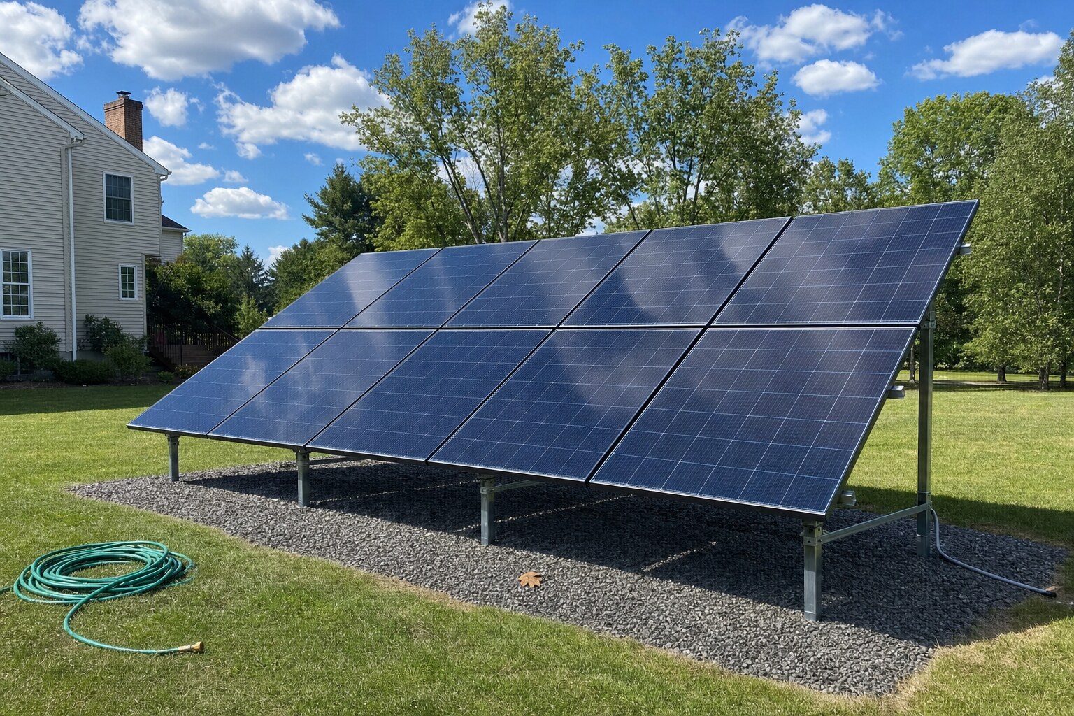Residential ground-mount solar array in a NEPA backyard, freshly pure-water cleaned
