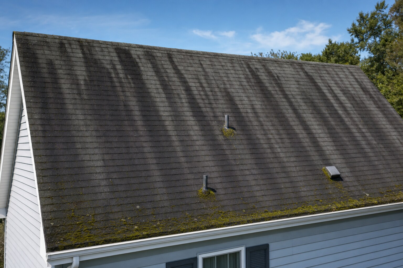 Asphalt shingle roof with heavy black algae streaks running down the slope
