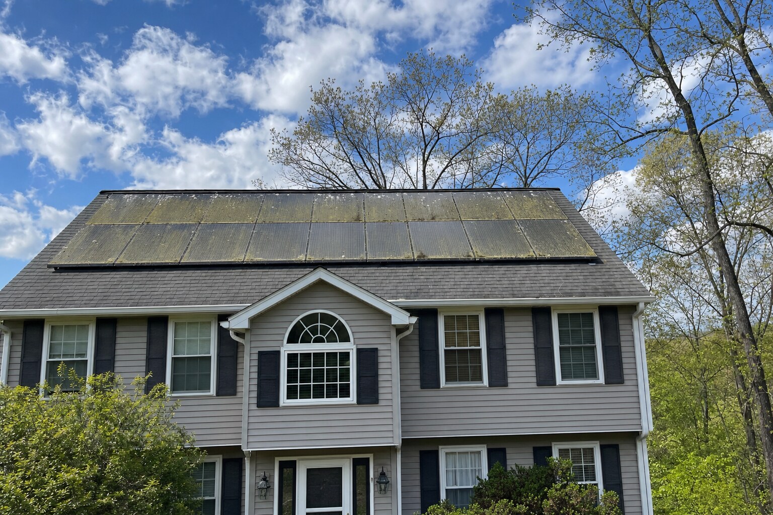 Solar PV array with heavy pollen, bird droppings, and dust buildup