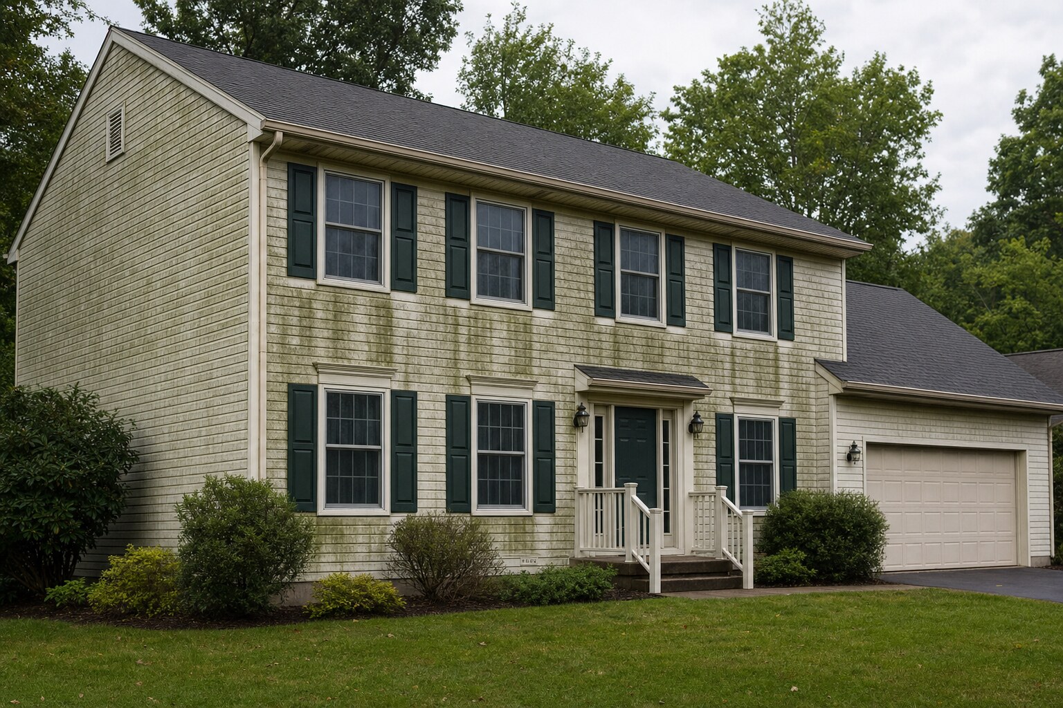 Cream-sided home with heavy algae streaks before soft-washing